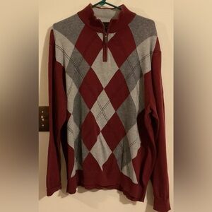 Men’s Argyle Sweater XL Tasso Elba Maroon-Red Gray Mock Neck Academia EUC